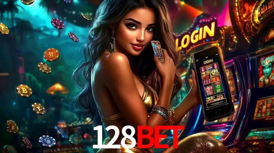 Mulher em um cenário de cassino temático de aventura, mostrando o app de caça-níqueis da 128bet no celular. Fichas de apostas flutuam ao redor.