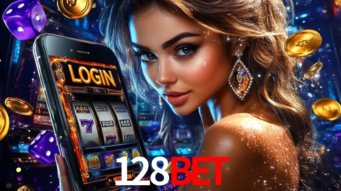 Mulher glamorosa segurando um smartphone com a tela de login para os jogos de caça-níqueis do cassino online 128bet, com moedas de ouro e dados ao redor.