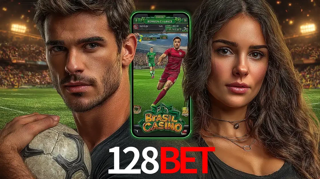 Homem segurando uma bola de futebol e uma mulher ao lado de um smartphone exibindo o jogo de apostas esportivas da 128bet. Faça seu palpite no cassino online.